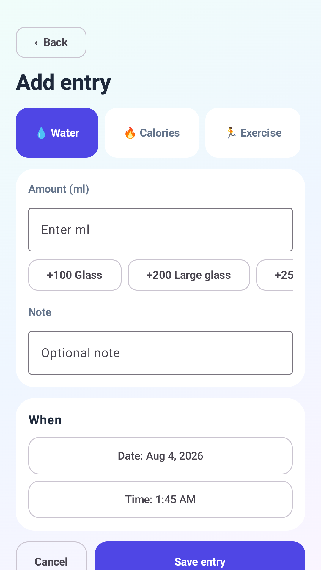 Wellness Tally add entry screen